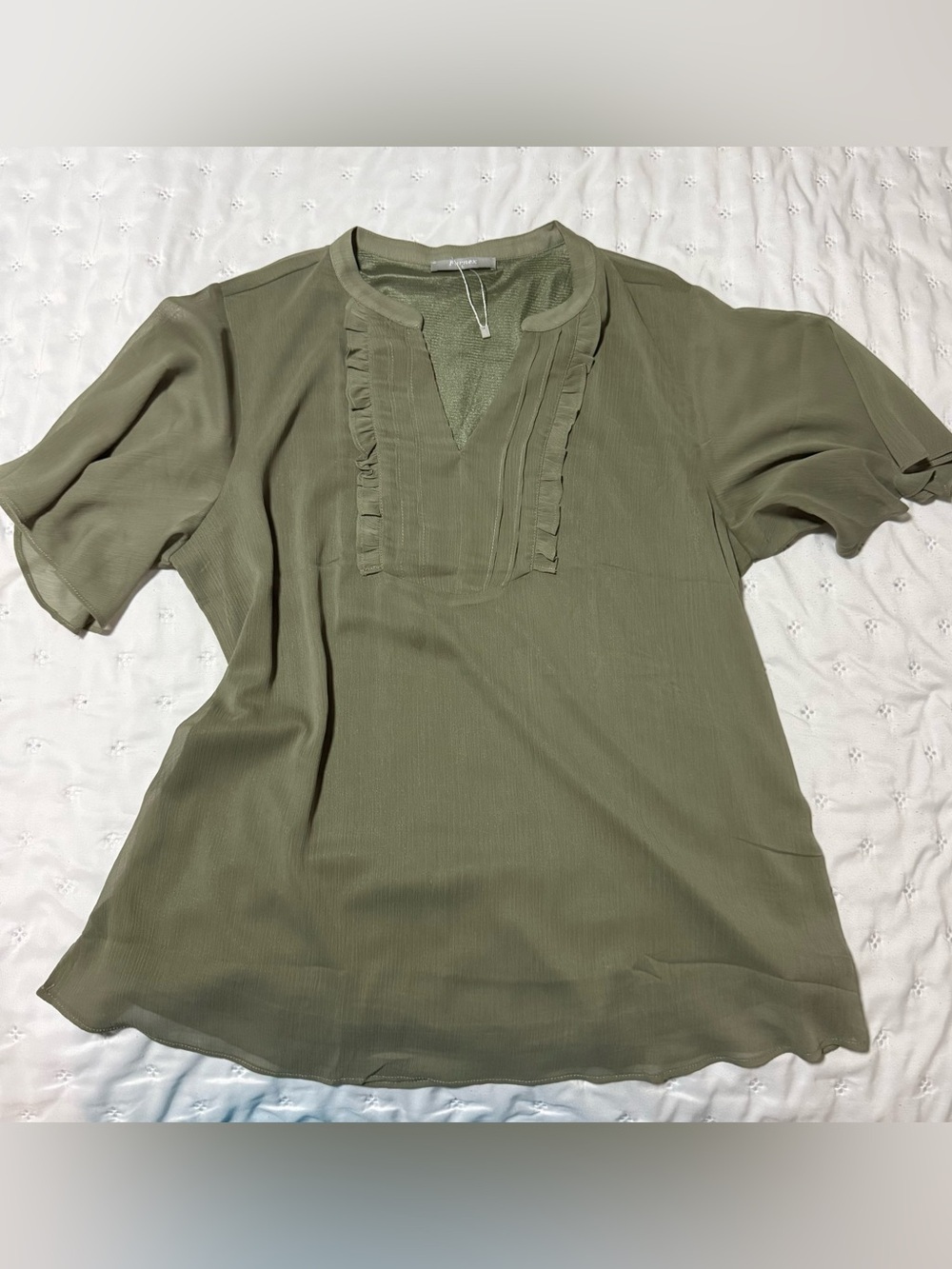 Olive Green Ruffle Trim V-Neck Women's Blouse